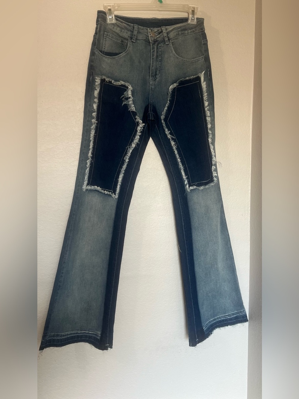 SHEIN Two tone Patchwork Distressed Flare Jeans Small Boho FLARE Leg Denim